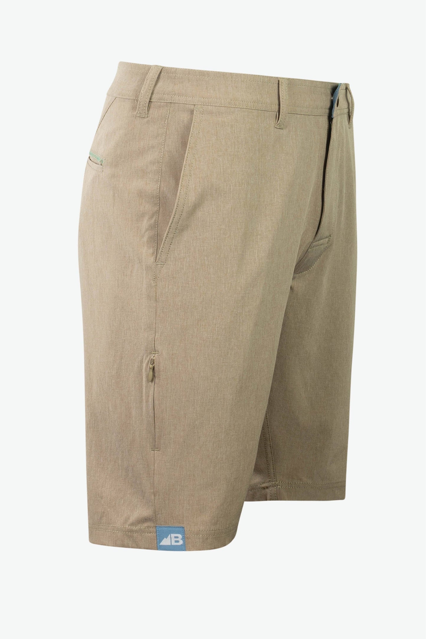 Introducing the Men's 10" Rocky Mountain Board Shorts by Belong Designs: a pair of gray knee-length shorts crafted from Venterrex material for quick dry technology. These shorts feature a subtle texture, a black drawstring on the waistband, side pockets, and a small black logo tag with white "MB" letters on the front left hem.