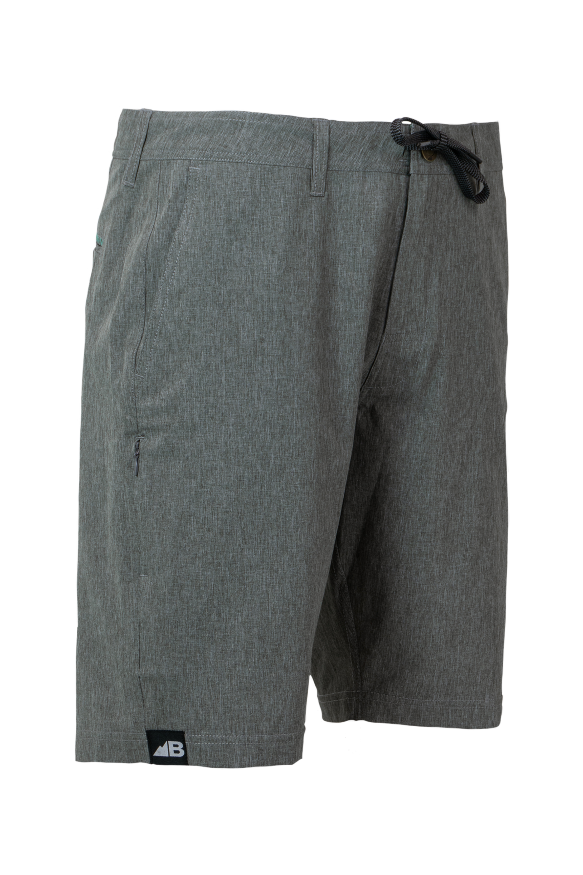 Introducing the Men's 10" Rocky Mountain Board Shorts by Belong Designs: a pair of gray knee-length shorts crafted from Venterrex material for quick dry technology. These shorts feature a subtle texture, a black drawstring on the waistband, side pockets, and a small black logo tag with white "MB" letters on the front left hem.