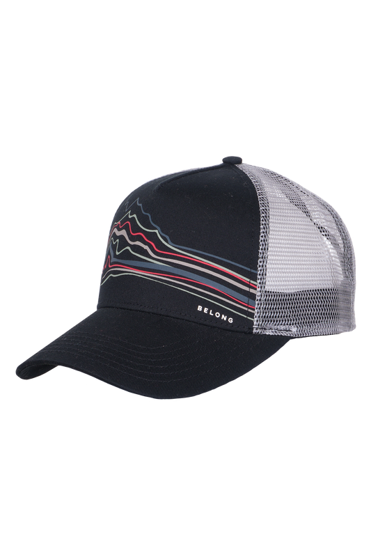 The Every Trail Trucker Hat by Belong Designs is a Black Mountain Brush trucker hat with a curved brim. The front panel showcases a vibrant wavy line design in shades of red, yellow, blue, and white with "BELONG" emblazoned prominently. The back and sides are made of breathable white mesh for added comfort.