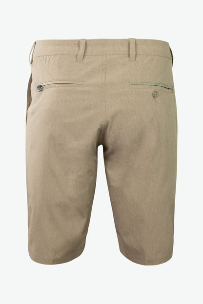 Introducing the Men's 10" Rocky Mountain Board Shorts by Belong Designs: a pair of gray knee-length shorts crafted from Venterrex material for quick dry technology. These shorts feature a subtle texture, a black drawstring on the waistband, side pockets, and a small black logo tag with white "MB" letters on the front left hem.