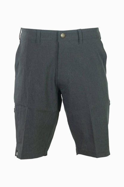 Introducing the Men's 10" Rocky Mountain Board Shorts by Belong Designs: a pair of gray knee-length shorts crafted from Venterrex material for quick dry technology. These shorts feature a subtle texture, a black drawstring on the waistband, side pockets, and a small black logo tag with white "MB" letters on the front left hem.