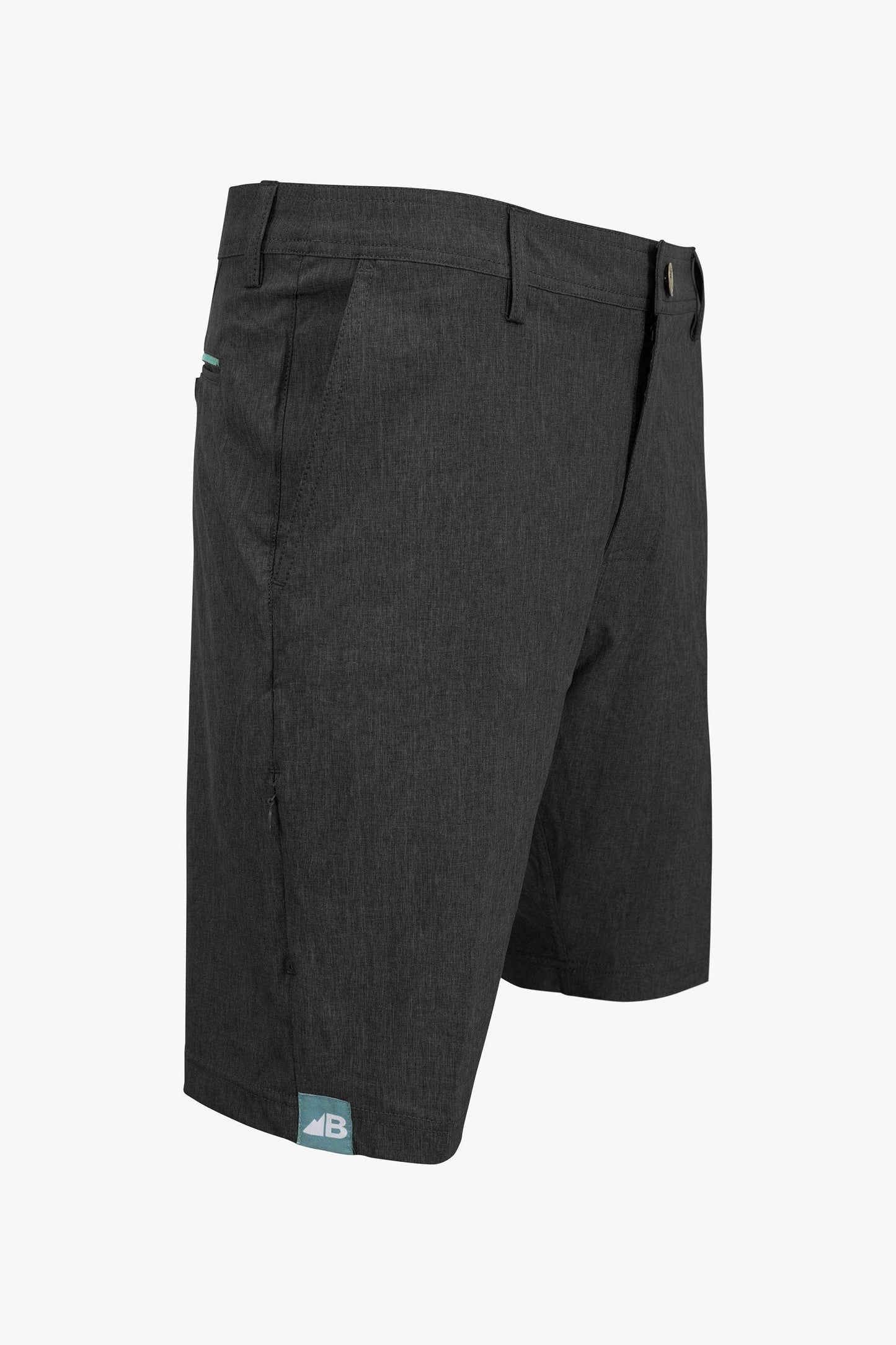 Introducing the Men's 10" Rocky Mountain Board Shorts by Belong Designs: a pair of gray knee-length shorts crafted from Venterrex material for quick dry technology. These shorts feature a subtle texture, a black drawstring on the waistband, side pockets, and a small black logo tag with white "MB" letters on the front left hem.