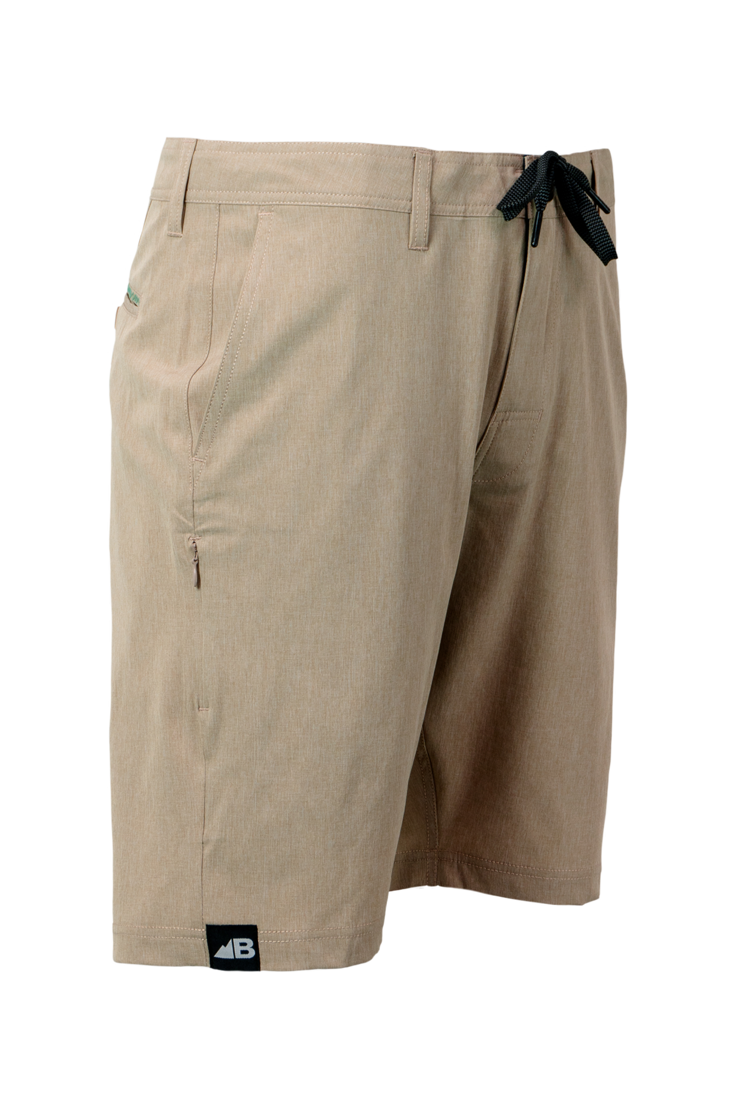 Introducing the Men's 10" Rocky Mountain Board Shorts by Belong Designs: a pair of gray knee-length shorts crafted from Venterrex material for quick dry technology. These shorts feature a subtle texture, a black drawstring on the waistband, side pockets, and a small black logo tag with white "MB" letters on the front left hem.