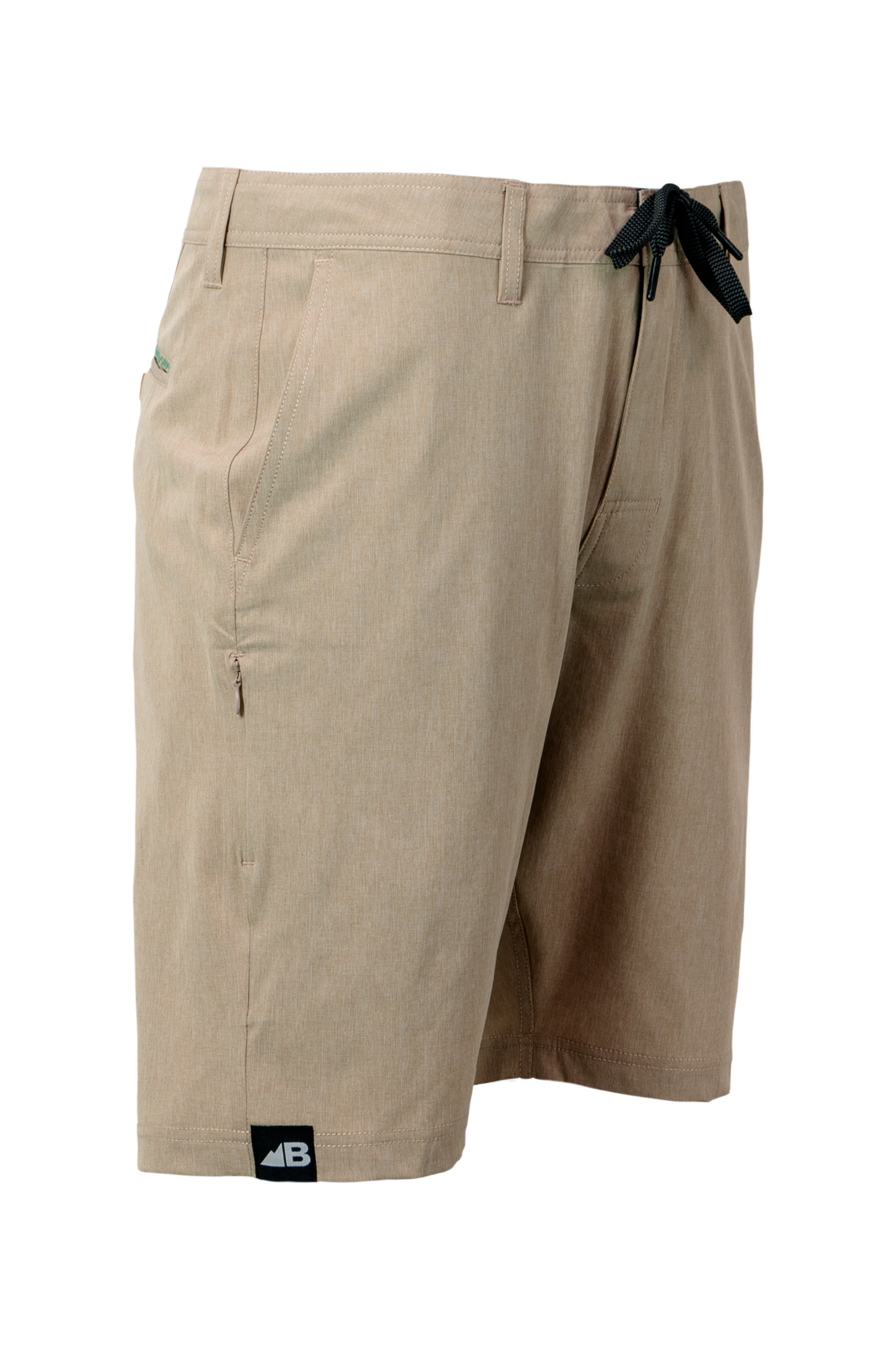 Introducing the Men's 10" Rocky Mountain Board Shorts by Belong Designs: a pair of gray knee-length shorts crafted from Venterrex material for quick dry technology. These shorts feature a subtle texture, a black drawstring on the waistband, side pockets, and a small black logo tag with white "MB" letters on the front left hem.