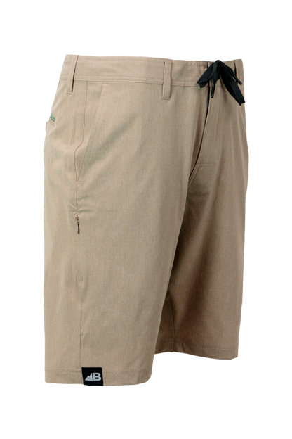 Introducing the Men's 10" Rocky Mountain Board Shorts by Belong Designs: a pair of gray knee-length shorts crafted from Venterrex material for quick dry technology. These shorts feature a subtle texture, a black drawstring on the waistband, side pockets, and a small black logo tag with white "MB" letters on the front left hem.