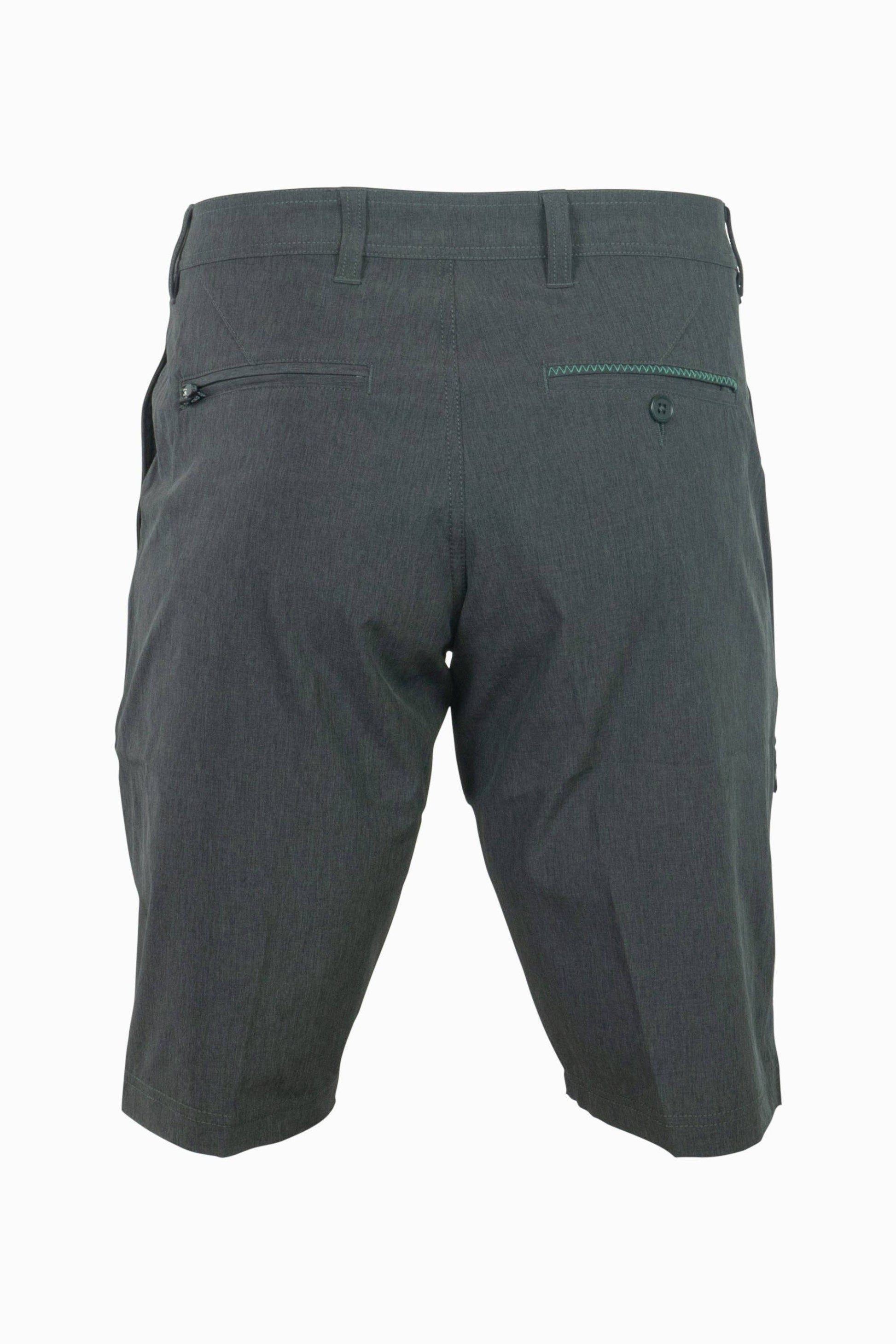 Introducing the Men's 10" Rocky Mountain Board Shorts by Belong Designs: a pair of gray knee-length shorts crafted from Venterrex material for quick dry technology. These shorts feature a subtle texture, a black drawstring on the waistband, side pockets, and a small black logo tag with white "MB" letters on the front left hem.