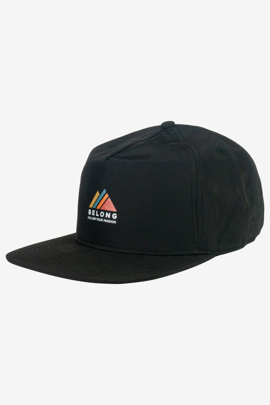 A Black Passion White Water Nylon Hat from Belong Designs featuring a small, multicolored geometric logo on the front, consisting of three overlapping triangular shapes in blue, yellow, and red. Below the logo is the word "BELONG" and the tagline "FIND YOUR MISSION" in white text. This hat is designed with moisture-wicking technology for quick dry comfort.